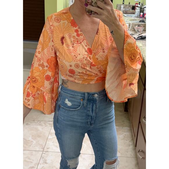Boho top NWOT XS-XL crop tie front ruffle flare sleeves orange floral hippie - Picture 5 of 8
